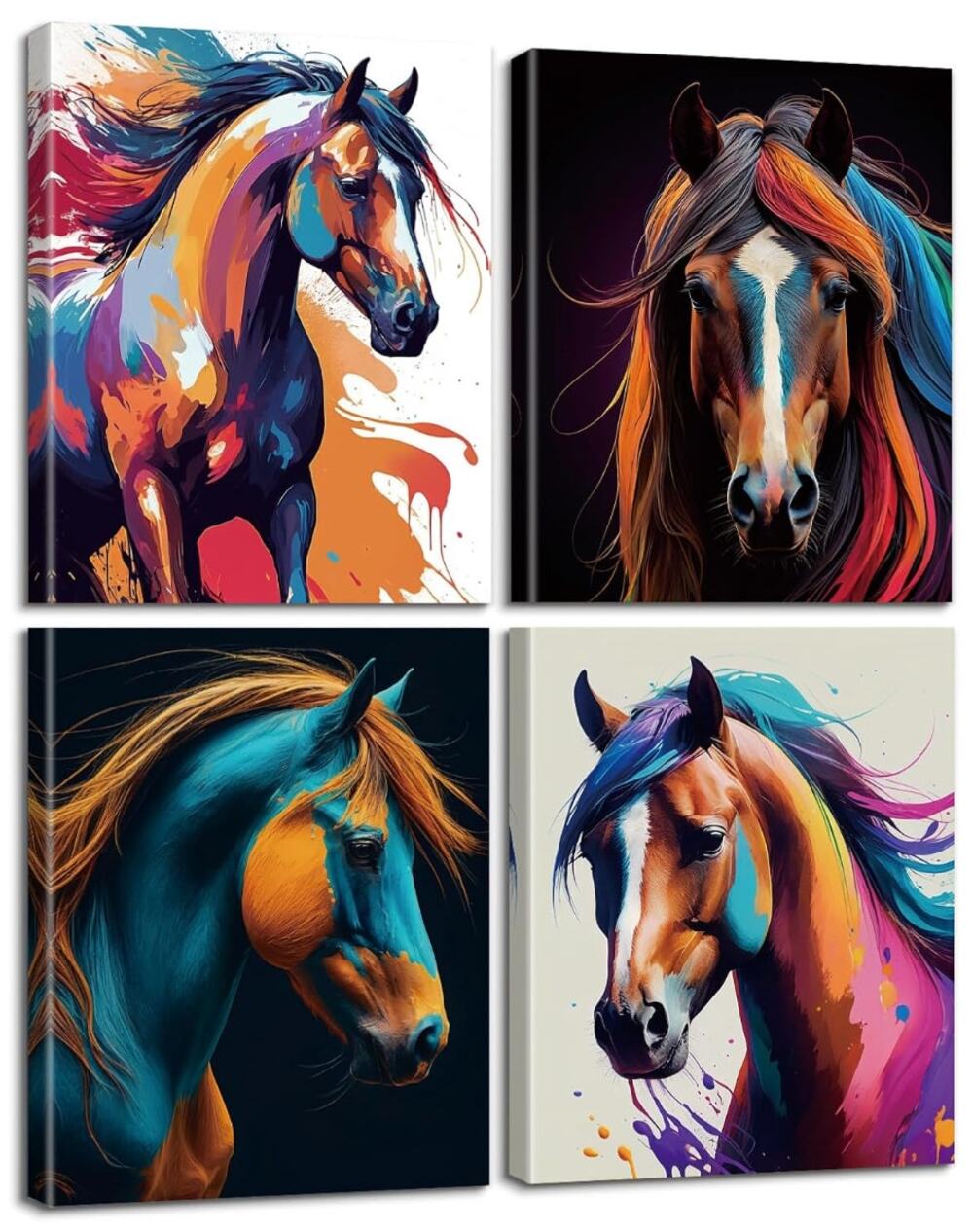 Set of 4 Framed Wild Horse Art Prints- 8x10-Watercolor Animal Posters Collection